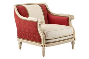 A stylish vintage armchair featuring a red and cream color scheme,  isolated on transparent background - generated by ai