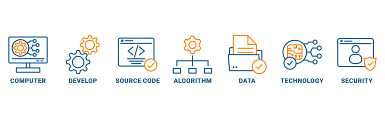 Programming banner web icon vector illustration concept with icon of computer, develop, source code, algorithm, data, technology, security 