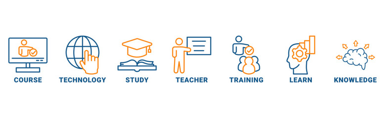 Online Education banner web icon vector illustration concept with icon of course, technology, study, teacher, training, learn, knowledge 