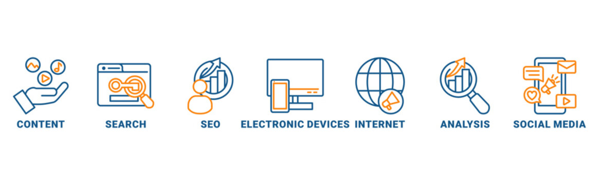 Digital Markating banner web icon vector illustration concept with icon of content, search, seo, electronic devices, internet, analysis,social media 