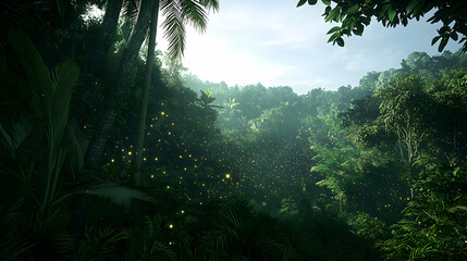 Fototapeta premium Pixelated Jungle Forest At Dawn With Glowing Insects