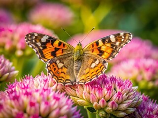 Fototapeta premium Painted Lady Butterfly on Sedum Flowers - Stunning Nature Stock Photo