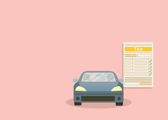 Blu car with tax bill.Tax return car export.Vector illustration