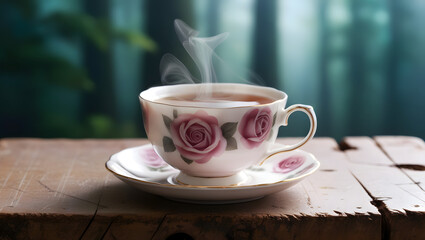 Obraz premium A delicate, rose-patterned teacup filled with steaming hot Earl Grey tea, emitting a subtle mist, sits on a worn, reclaimed wooden surface, adorned with subtle scratches and knots, in front of a blurr