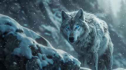 A gray wolf with piercing blue eyes stands on a snowy rock, surrounded by falling snow in a cold, rugged landscape.