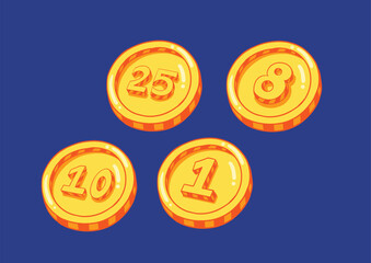 set of gold gold coin cent money number 10, 25, 1, 8