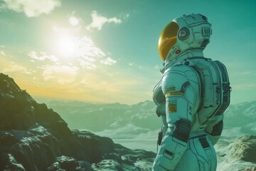 A character in a spacesuit exploring an alien planet with a bright sky. Anime