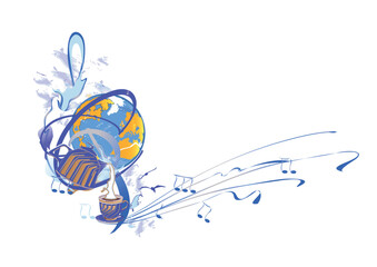 Abstract musical design with a treble clef and Planet Earth, colorful splashes, notes and waves.  Planet music. Hand drawn vector illustration.
