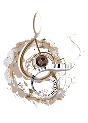Coffee music. Abstract treble clef decorated with coffee wave, beans and a cup. Hand drawn vector illustration.