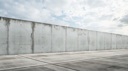 Obraz premium Long concrete wall and empty floor under cloudy sky.