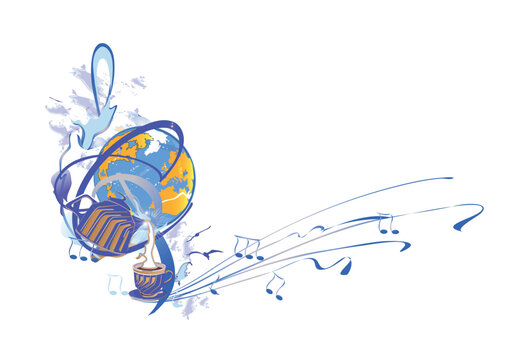 Abstract musical design with a treble clef and Planet Earth, colorful splashes, notes and waves.  Planet music. Hand drawn vector illustration.