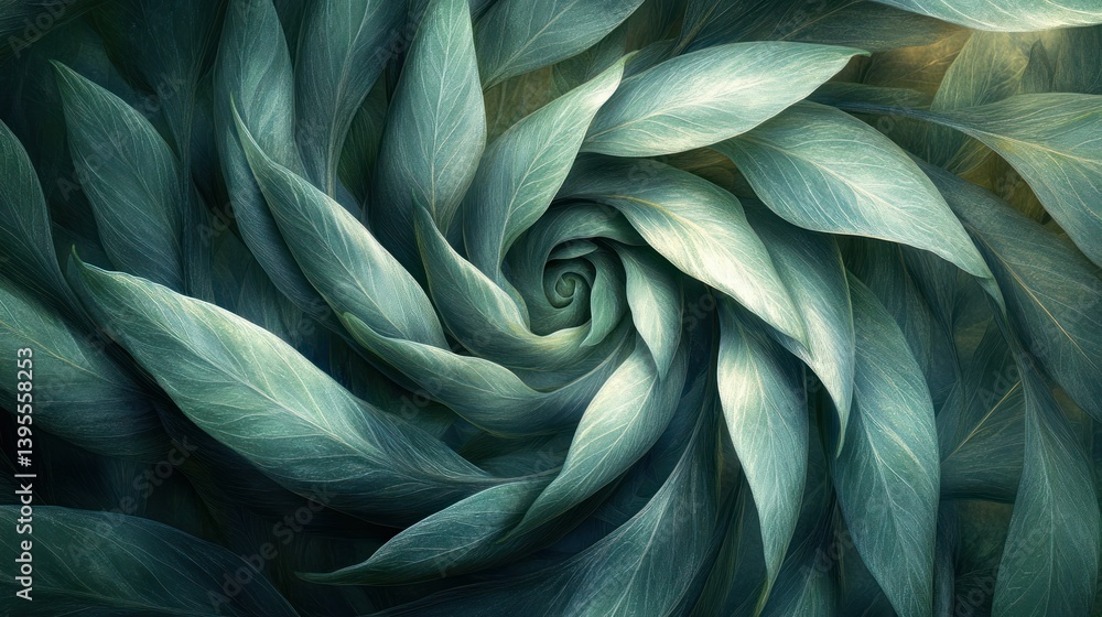 Poster spiral of greenery. close-up view of intricate, teal-toned leaves arranged in a swirling, spiral pat