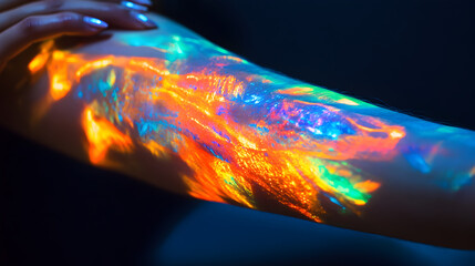 of a holographic dragon tattoo that appears to move and shift in a digital space above the skin 