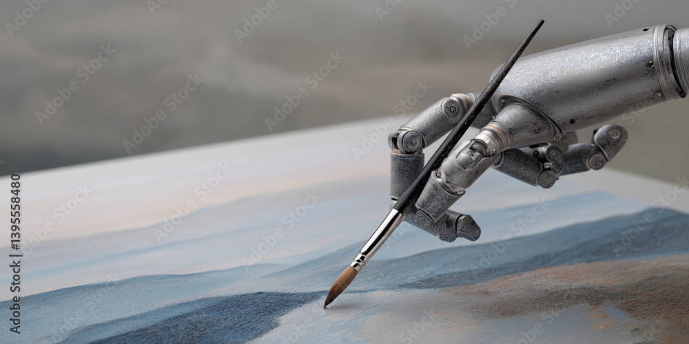 Poster robotic hand delicately holds paintbrush, creating subtle blue landscape on canvas. showcase of arti