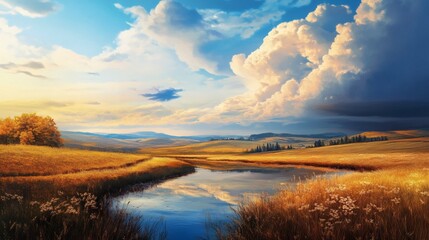 A serene autumnal landscape with a calm pond reflecting a dramatic sky.