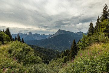 vista panoramica su un ambiente naturale di montagna tra le Alpi nel nord Italia, nella regione...