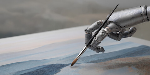 Robotic hand delicately holds paintbrush, creating subtle blue landscape on canvas. Showcase of artificial intelligence in art symbolizing technological advancement and creativity. Free space for text
