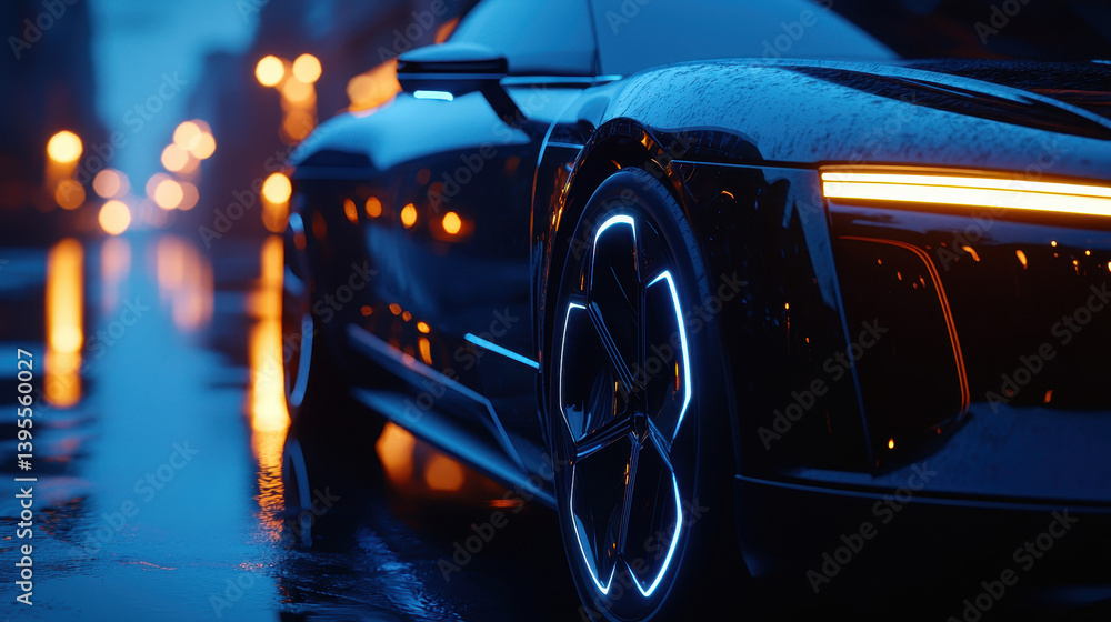Poster close-up view of autonomous car sensors glowing in the dark showcasing future technology for transpo