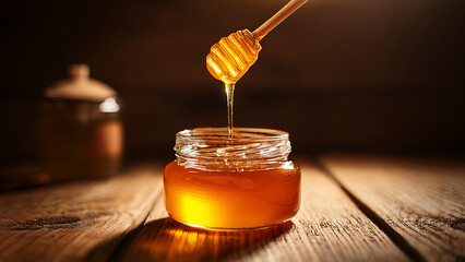 Honey dipper drizzling golden honey into a glass jar on wood