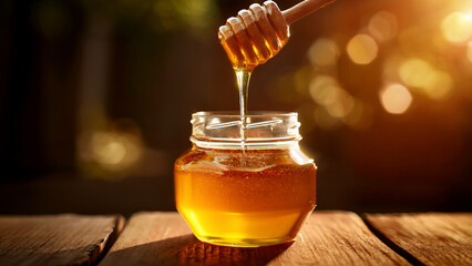 Honey dipper drizzling golden honey into a glass jar on wood