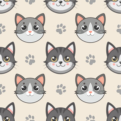 Fototapeta premium Seamless pattern of cute cat faces and paw prints. Seamless pattern kittens. Cute background for kids.