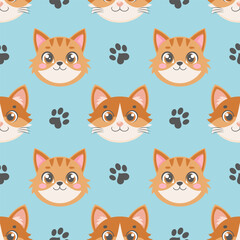 Fototapeta premium Seamless pattern of cute cat faces and paw prints. Seamless pattern kittens. Cute background for kids.