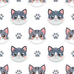 Seamless pattern of cute cat faces and paw prints. Seamless pattern kittens. Cute background for kids.