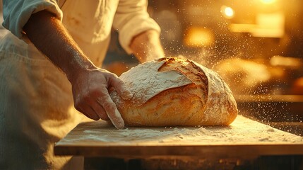 A skilled baker carefully handles freshly baked artisan bread.