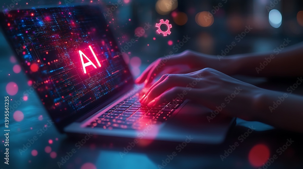 Poster person typing on laptop with neon technology display, showcasing futuristic interface and data proce