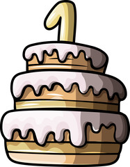 Three-tiered birthday cake with frosting and a large number one candle on top, perfect for first birthday celebrations