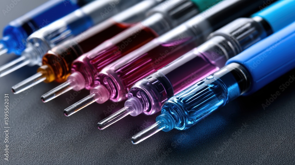 Aufkleber an array of clean and dry pipettes, serological pipettes, and pasteur pipettes, prepared for precise