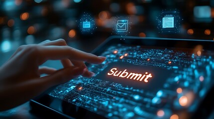 Hand Interacting with Digital Interface Displaying "Submit," Illustrating Technology and Interactive Communication, with Glowing Elements.