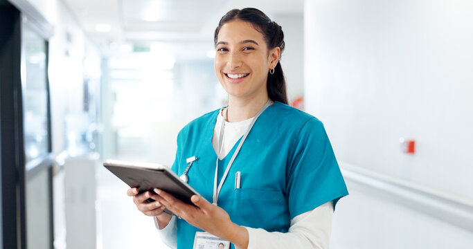 Nurse, tablet and face of woman in hospital for telehealth, medical service or research in clinic. Healthcare, wellness and portrait of person on digital tech for online diagnosis, report or schedule