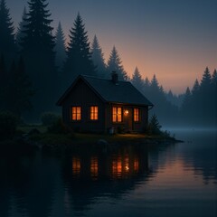 Fototapeta premium Wooden cabin reflected in still lake at dusk