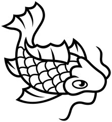 Black and white koi fish vector icon. Minimalist design with fluid lines, ideal for oriental symbolism, tattoos or luxury branding.