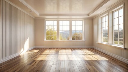 Sunlit Empty Room with Hardwood Floor and Large Windows