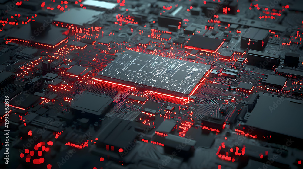 Poster abstract circuit board with glowing components