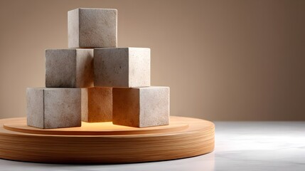 3D Illustration Abstract arrangement of textured blocks on a circular wooden base, set against a neutral background. Brand value trust emotion concept.