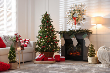 Cozy spacious room decorated for Christmas. Festive interior design