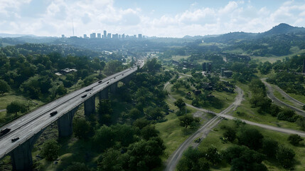 Obraz premium Aerial View Of Highway Crossing Through Cityscape And Rural Area