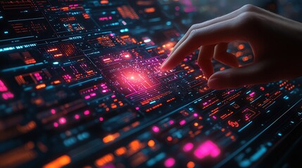 Hand Interacting with Futuristic Interface Displaying Complex Data and Glowing Elements for Advanced Technology Concepts.