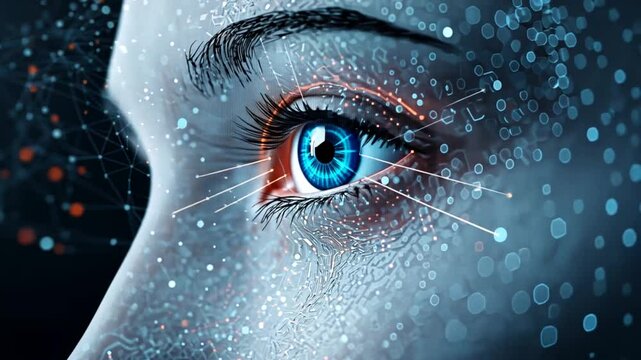 Close-up of a futuristic human eye with digital elements representing technology and data