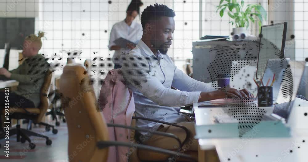 Poster man working at desk with world map animation overlay in modern office