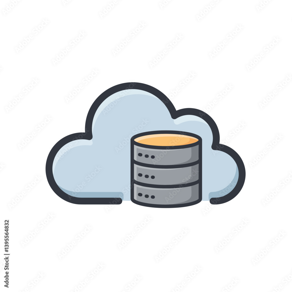 Poster cloud database: an illustration of a cloud paired with a stack of server disks. represents cloud com