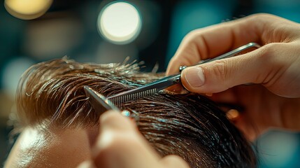 A barber meticulously trims a client's wet hair using shears and a comb.