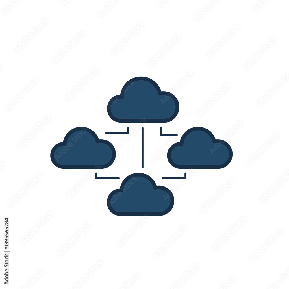 Poster cloud computing: a network of dark clouds connected to each other, illustrating a simplified graphic