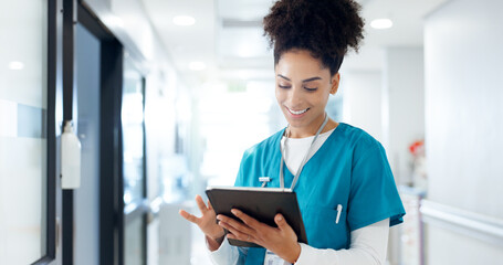Smile, woman and nurse with tablet in healthcare, patient information and medical research....