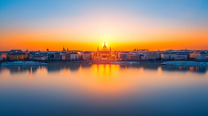 Fototapeta premium City Skyline Sunrise Over River Panorama