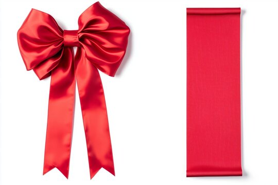 A large red ribbon bow on the left of a long straight piece of ribbon and a vertical piece to be used as a border for a birthday or Christmas banner, border isolated against a white background - Powered by Adobe