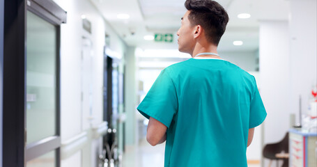 Hospital, man and nurse thinking of healthcare idea, wellness solution or reflection for...